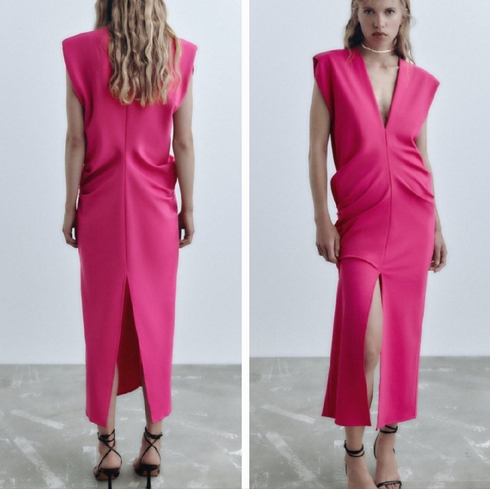 Zara fuchsia pink midi slit dress size S - Picture 7 of 16